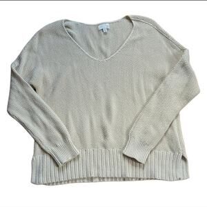 Lucky Brand Cream Chunky Knit Boho V Neck Comfy Winter Sweater Size Medium